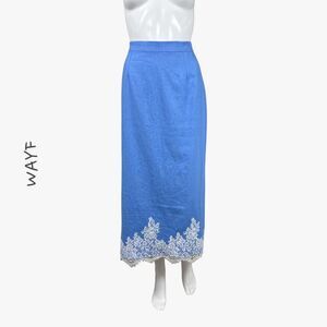Wayf Women's Lace Detail Linen Blend Midi Skirt in Blue Size M Casual Boho